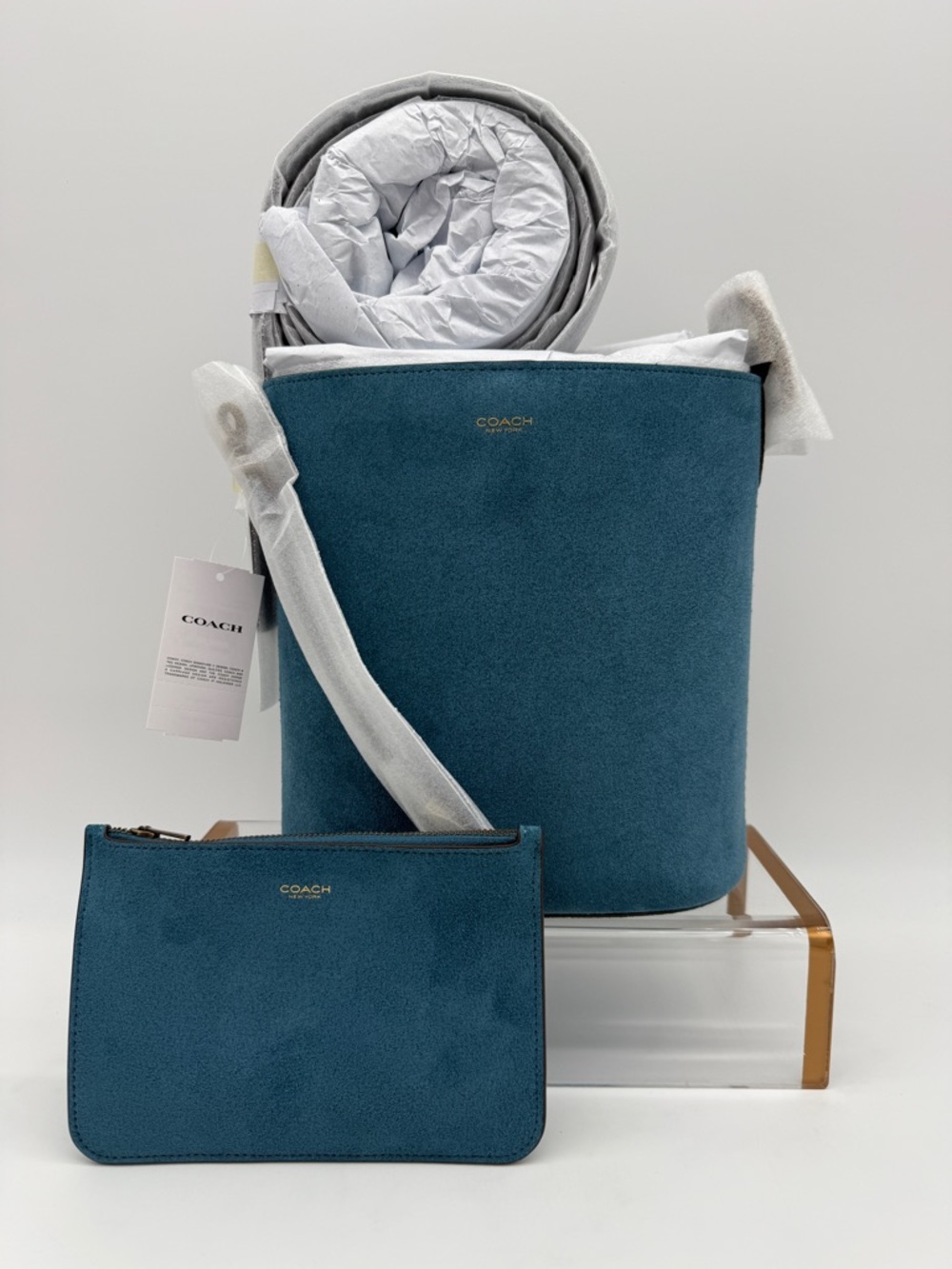 Coach Bleecker Suede Bucket Bag 21 Dark Brass/Sea Blue